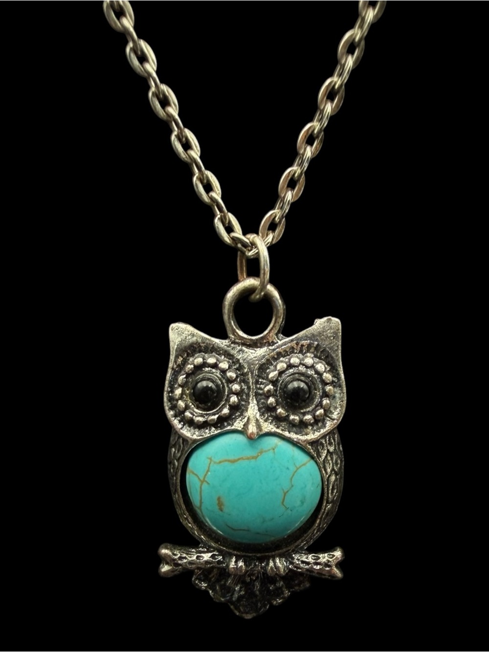 Silver-Tone Owl Necklace with Turquoise Stone Pendant - Women Jewelry